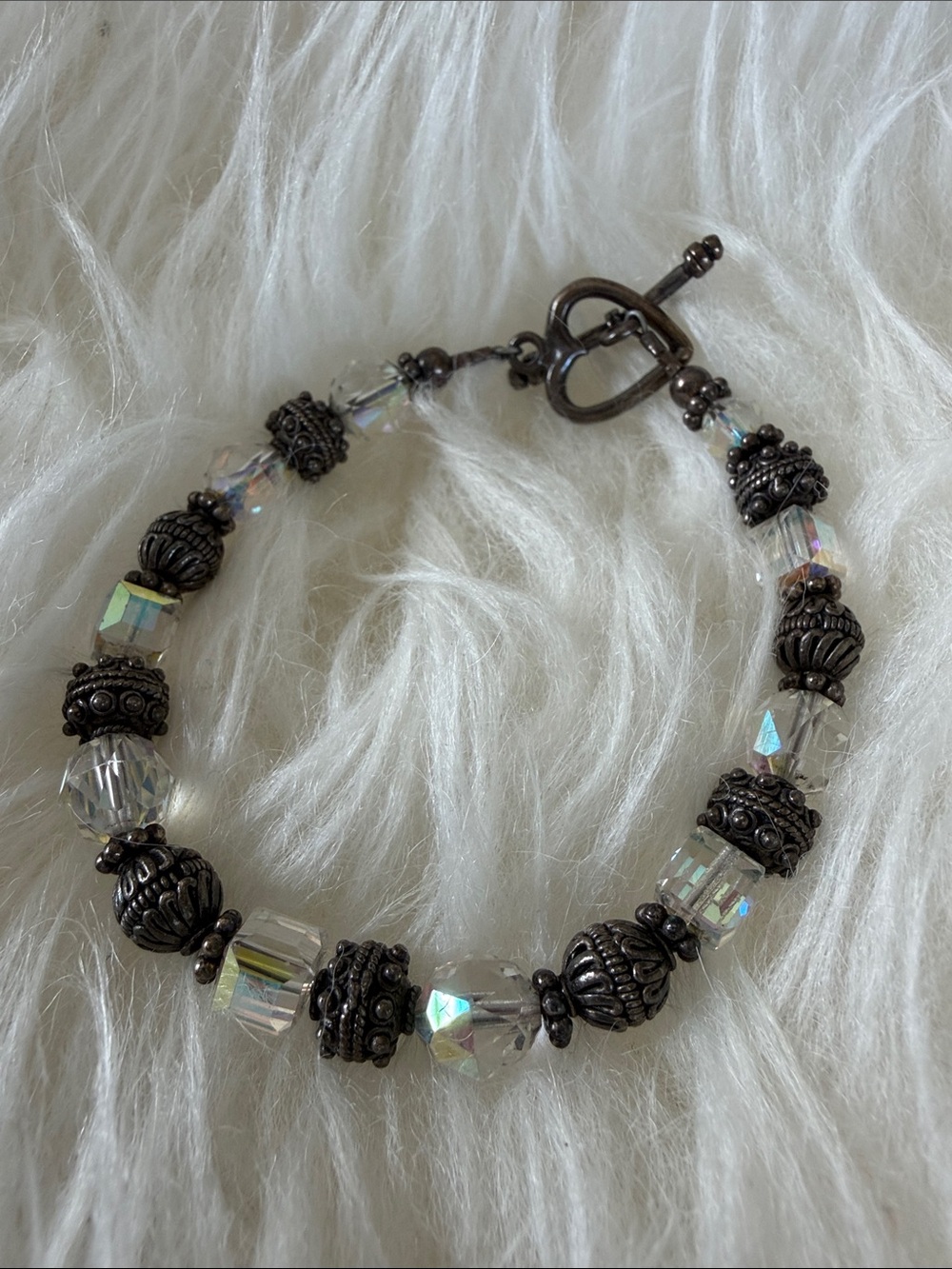 Crystal and Antiqued Silver Bead Bracelet - Clear